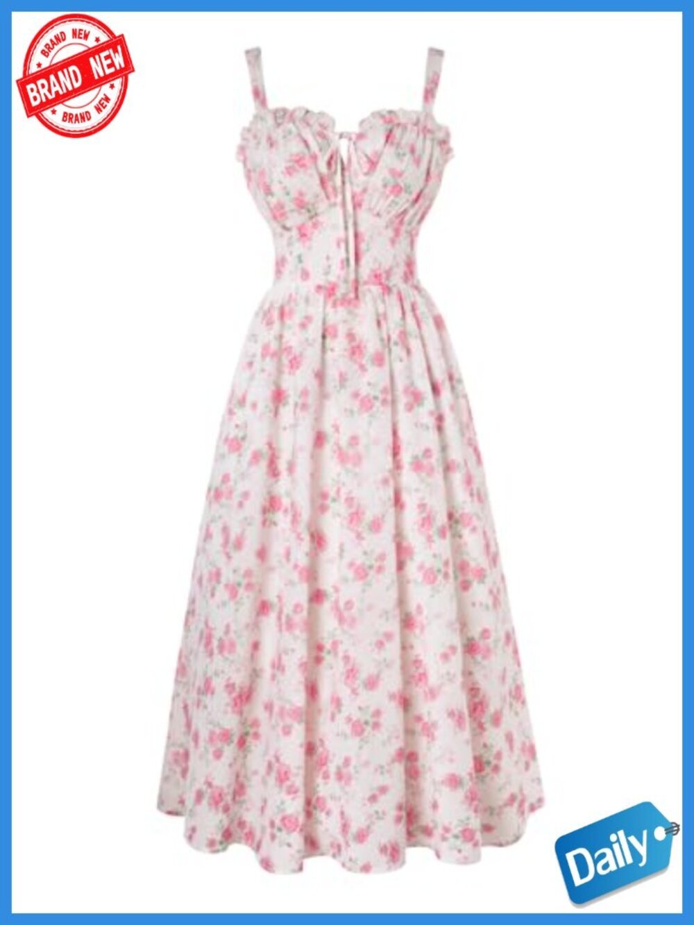 Floral Corset Dress with Pockets A-Line Midi Sleeveless Square Necklace Up Back